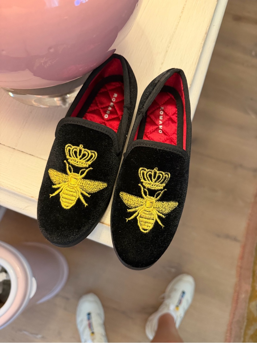 Black Velvet Slip-On Loafers with Gold Bee Embroidery Kids